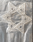 Star of David also known as the shield of David. consists of two triangles overlaid on each other with one triangle pointing up and the other down. It's a religious symbol of Judaism.