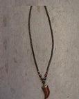 Beads in this necklace are hematite and a brown jasper.